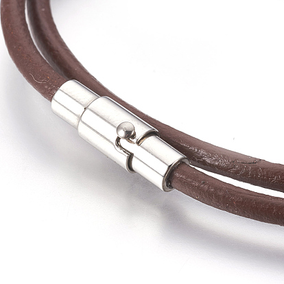 Cordón de cuero envolver pulseras / collar, dos bucles, con 304 cierres de tornillo magnéticos de acero inoxidable