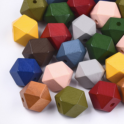 Painted Natural Wooden Beads, Faceted, Polygon