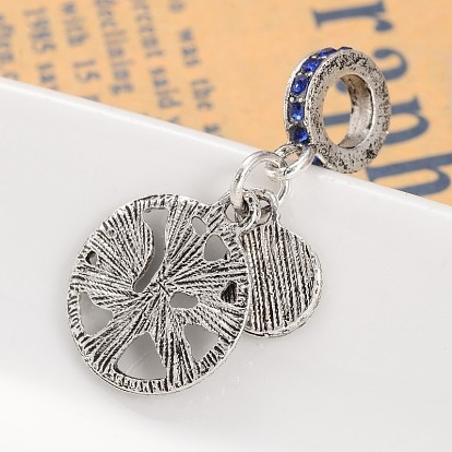 Ring with Tree Alloy Rhinestone European Dangle Charms, Large Hole Pendants, 30mm, Hole: 5mm