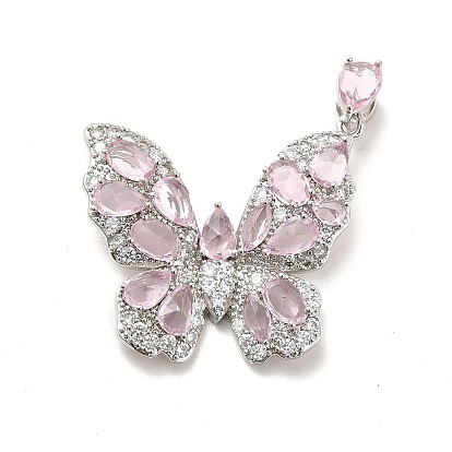 Brass Micro Pave Clear Cubic Zirconia Pendants, with Pink Glass, Butterfly Charm