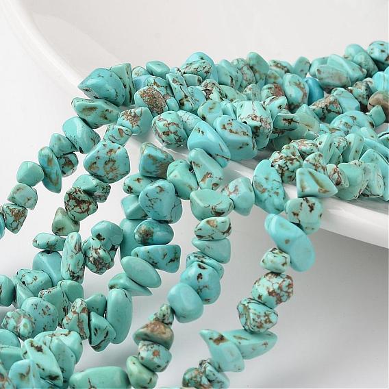 Pépites turquoise synthétique brins de perles, teints et chauffée, 4~6x8~12x2~4mm, Trou: 1mm, environ 34.6 pouce