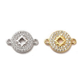 925 Sterling Silver Connector Charms, with Clear Cubic Zirconia, Flat Round with 925 Stamp