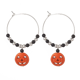 Halloween Theme Synthetic Turquoise Pumpkin Pendant Hoop Earring, Acrylic & Iron Beaded Hoop Earring