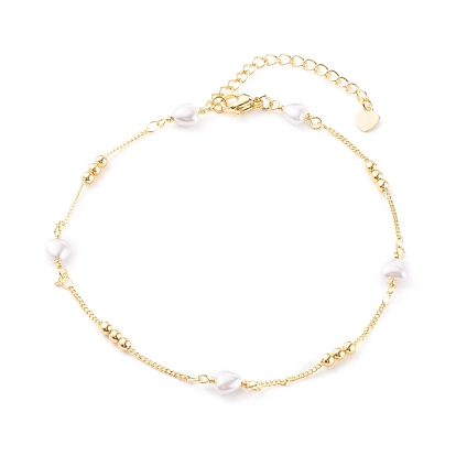 Brass Curb Chain Anklets, with Heart Glass Beads