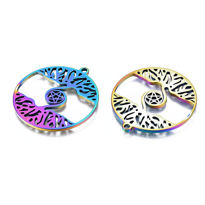 201 Stainless Steel Pendants, Rainbow Color, Flat Round with Star & Tree