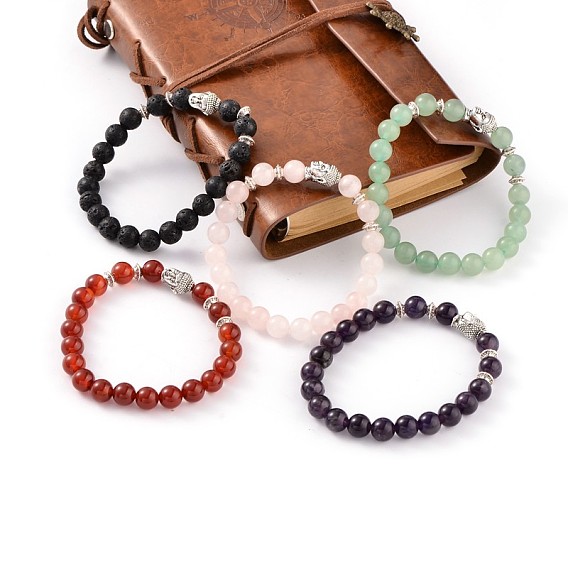 À la mode des bracelets stretch en perles de pierre naturelle, avec les accessoires en alliage d'argent antique de style tibétain, 57mm