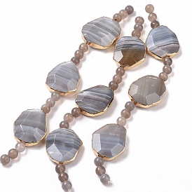 Natural Grey Agate Beads Strands with Round Beads, Faceted Hexagon