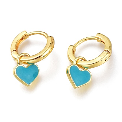 Brass Enamel Huggie Hoop Earrings, Long-Lasting Plated, Lead Free & Cadmium Free, Heart, Real 18K Gold Plated