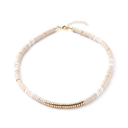 Ensembles de colliers, colliers de perles heishi en pâte polymère et ensembles de colliers avec pendentif feuille de fer, avec des non-magnétiques perles synthétiques d'hématite, blanc antique