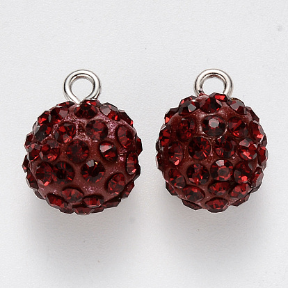 Polymer Clay Rhinestone Charms, with Platinum Plated Iron Loop, Round, Pave Disco Ball