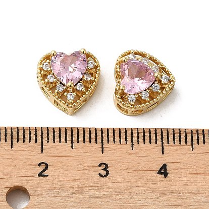 Rack Plating Brass Micro Pave Cubic Zirconia Beads, Long-Lasting Plated, Lead Free & Cadmium Free, Hollow Heart