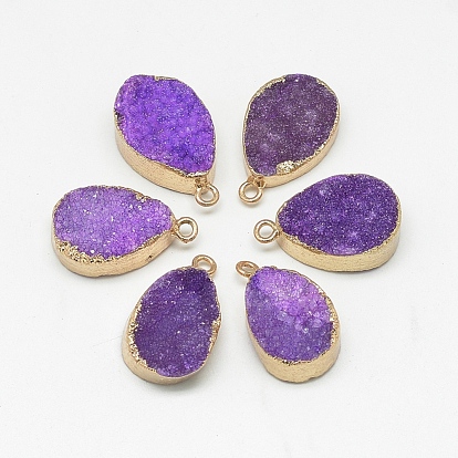 Natural Druzy Agate Pendants, Dyed, Drop, with Golden Tone Brass Findings