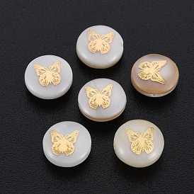 Perles de coquillages naturels d'eau douce, avec des ornements en métal en laiton doré, plat et circulaire avec papillon