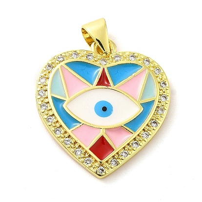 Real 18K Gold Plated Brass Clear Cubic Zirconia Pendants, with Enamel, Heart with Evil Eye