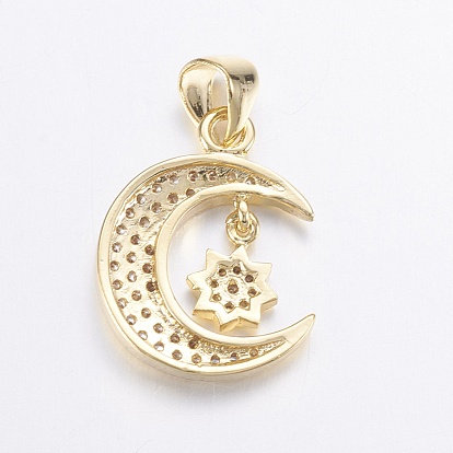 Brass Micro Pave Cubic Zirconia Pendants, Long-Lasting Plated, Moon and Star