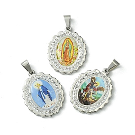 Vacuum Plating 304 Stainless Steel Pendants, with Rhinestone and Enamel, Oval with Saint Charm, Stainless Steel Color