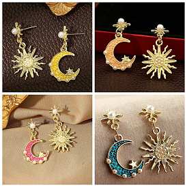 Enamel Moon & Sun Asymmetrical Earrings with Plastic Pearl Beaded, Golden Alloy Dangle Stud Earrings for Women