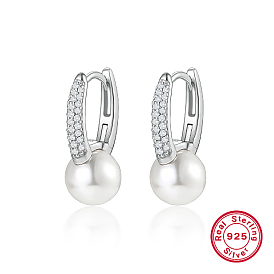 Rhodium Plated 925 Sterling Silver Micro Pave Cubic Zirconia Hoop Earrings, with Natural Pearls, with 925 Stamp