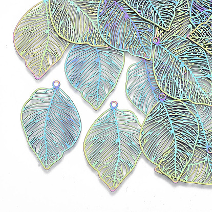 Ion Plating(IP) 201 Stainless Steel Filigree Pendants, Etched Metal Embellishments, Tropical Leaf Charms, Monstera Leaf