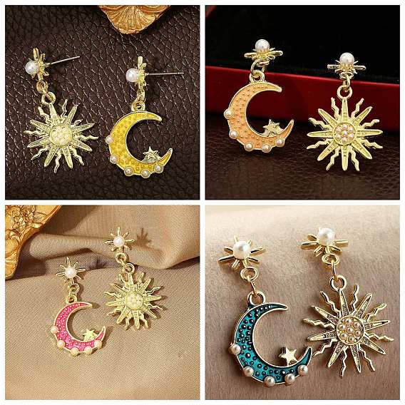 Асимметричные серьги с эмалью луна и солнце и пластиковым жемчугом, серьги-гвоздики из золотого сплава для женщин