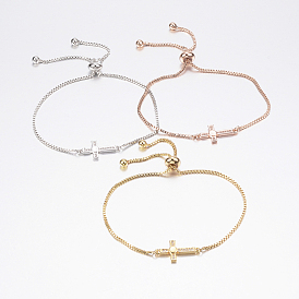 Bracelets bolo réglables en laiton, bracelets de slider, avec zircone et chaînes, croix