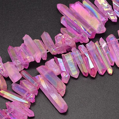 Electroplated Natural Quartz Crystal Beads Strands, Nuggets, Tusk Shape, AB Color, Dyed, 7~15x18~60mm, Hole: 1mm, about 46pcs/strand, 16 inch