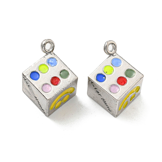 Alloy Enamel Pendants, Long-Lasting Plated, Lead Free & Cadmium Free, Dice with Smile Face Charm