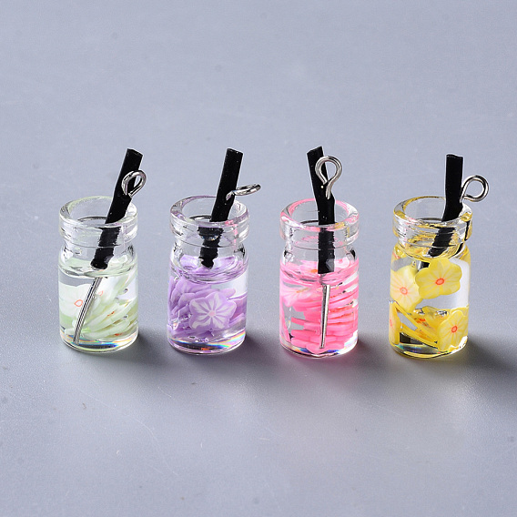 Glass Bottle Pendants, with Resin & Polymer Clay inside, Plastic and Platinum Tone Iron Eye Pin, Imitation Juice Bottle