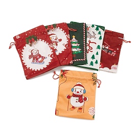 Christmas Theme Rectangle Cloth Bags with Jute Cord,  Drawstring Pouches, for Gift Wrapping