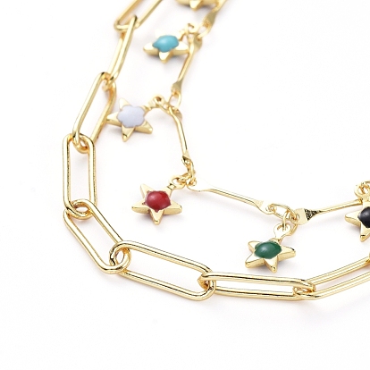 Brass Enamel Double Layer Necklaces, with Bar Links Chains, Paperclip Chains and Lobster Claw Clasps, Flower, Colorful