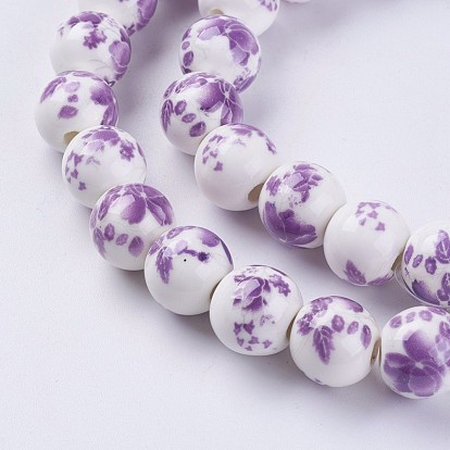 Handmade Flower Printed Porcelain Ceramic Beads Strands, Round