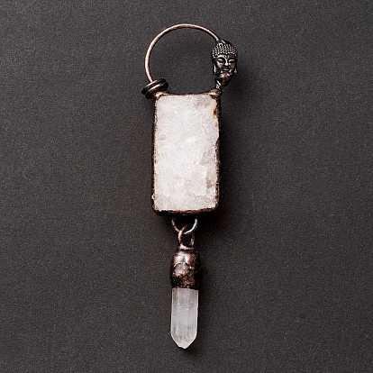Grands pendentifs en agate druzy naturelle et cristal de quartz, avec des trouvailles en étain, conduire et de nickel et sans cadmium, rectangle et puce