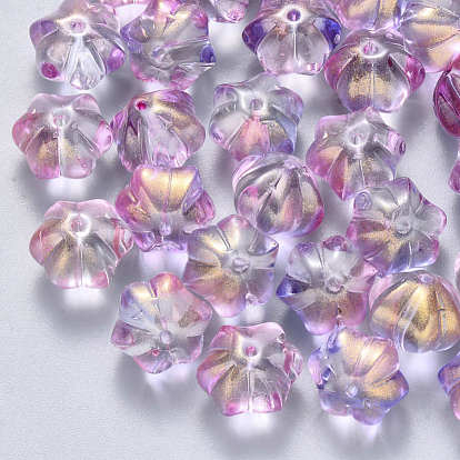 Perles de verre peintes par pulvérisation transparentes deux tons, avec de la poudre de paillettes, fleur