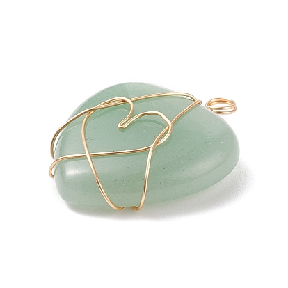Natural & Synthetic Gemstone Pendants, Heart Charm, with Real 18K Gold Plated Tone Copper Wire Wrapped