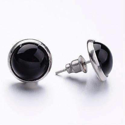 304 Stainless Steel Stud Earrings, with Gemstone Cabochon