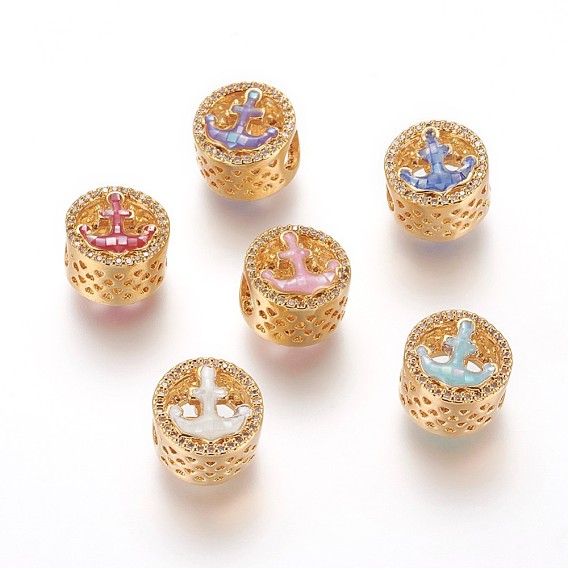 Micro cuivres ouvrent zircone cubique perles européennes, Perles avec un grand trou   , avec émail et coquille d'eau douce, plat et circulaire avec ancre, or