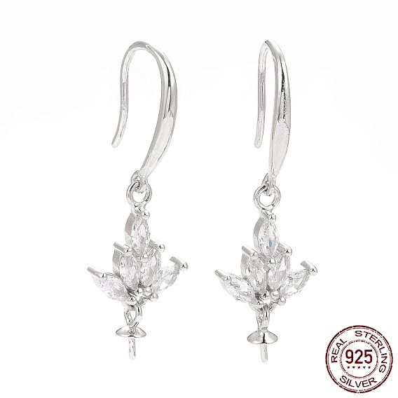925 Sterling Silver Earring Hooks, with Cubic Zirconia, Lotus, for Half Drilled Beads
