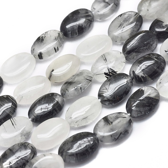 Brins de perles en quartz tourmaliné natura / quartz rutile noir, ovale