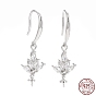 925 Sterling Silver Earring Hooks, with Cubic Zirconia, Lotus, for Half Drilled Beads