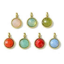 Ion Plating(IP) Real 14K Gold Plated 304 Stainless Steel with Glass Pendant, Faceted Flat Round Charms