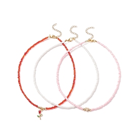 3 pcs 3 ensemble de colliers de perles de verre et de coeur en laiton de style, alliage émail rose colliers de charme pour les femmes