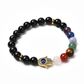 Main hamsa / main de miriam avec bracelet mauvais œil, bracelet extensible rond onyx noir naturel & perles de pierres mélangées, 7 bijoux chakra pour cadeau