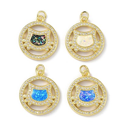Brass Micro Pave Cubic Zirconia Pendants, with Synthetic Opal and Jump Ring, Long-Lasting Plated, Real 18K Gold Plated, Flat Round with Cat