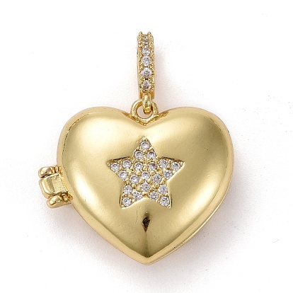 Brass Micro Pave Clear Cubic Zirconia Diffuser Locket Pendants, Long-Lasting Plated, Lead Free & Cadmium Free, Heart with Star