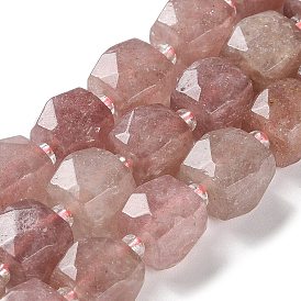 Brins de perles de quartz synthétiques fraise, avec des perles de rocaille, cube, facette