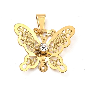 Ion Plating(IP) 304 Stainless Steel Pendant with Rhinestone, Butterfly Charms