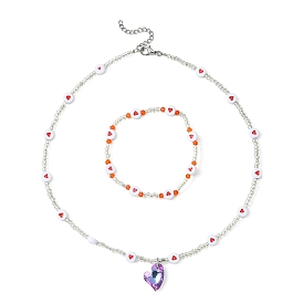 Bracelet extensible en perles de coeur en acrylique et en verre et collier pendentif, Kits de bijoux