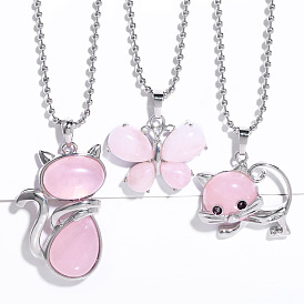 Sweet and Cute Cat Butterfly Necklace with Pink Crystal for Elegant Look