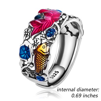 925 anillo ajustable de plata de ley con pez koi y flor de loto para mujer