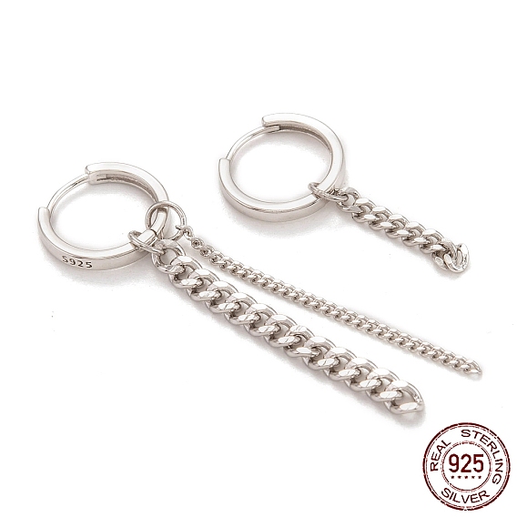 925 Sterling Silver Huggie Hoop Earrings, Asymmetrical Earrings, with Curb Chains
